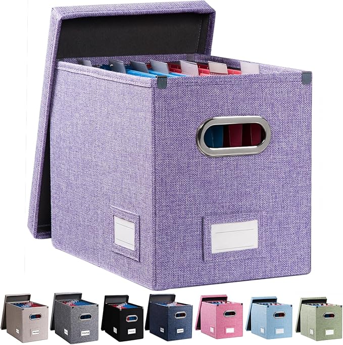 PRANDOM File Organizer Box - Set of 1 Collapsible Decorative Linen Filing Storage Hanging File Folders with Lids Office Cabinet Letter Size Purple (14x9.3x10.8 inch)