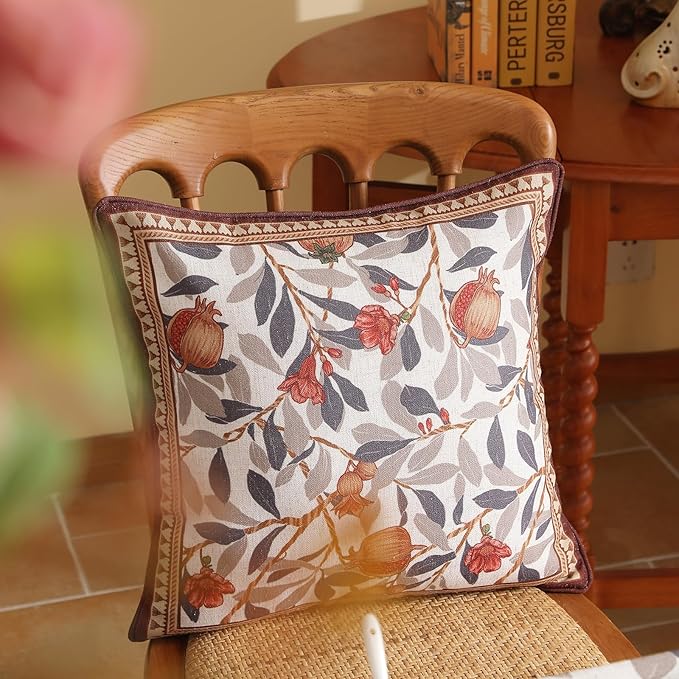 patdrea Designer Throw Pillow Covers Set of 2,Orange Farmhouse Rustic Linen with Pomegranate Fruit Pattern Pillow Covers,Decorative Square Pillowcases Cushion for Bed Living Room Outdoor,18"x18"