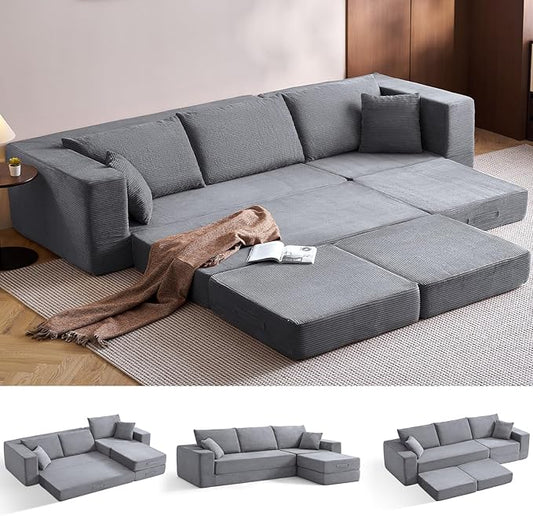 LINSY HOME Convertible Sofa Bed with 2 Pillows & Ottoman, L Shaped Modular Sectional Sleeper Sofa, Folding Sofas Corduroy Couch Bed Compression Sofa for Living Room Apartment, Grey