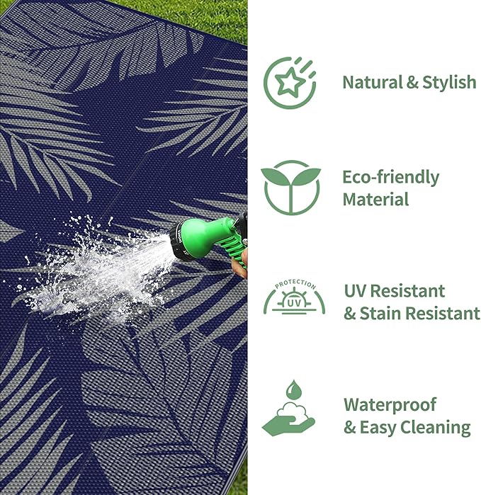 GENIMO Outdoor Rug 2.5' x 8' Waterproof for Patios Clearance, Reversible Outdoor Plastic Straw Camping Rug Carpet, Large Area Rugs Mats for RV, Camper, Deck, Balcony, Porch, Beach, Picnic, Blue&Grey