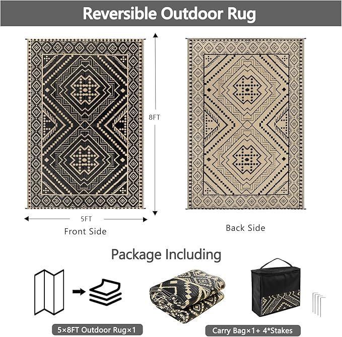 Waterproof Outdoor Rug 5x8 ft, Reversible Plastic Straw Mat, Large Floor Mat for Patio, Camping, Picnic, Backyard RV, Deck, Black