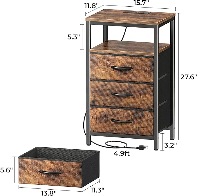Huuger Nightstands Set of 2, 27.6 Inch End Tables with Charging Station, Fabric Drawers, Bedside Tables with USB Port and Outlet, Night Stands for Bedroom, Rustic Brown
