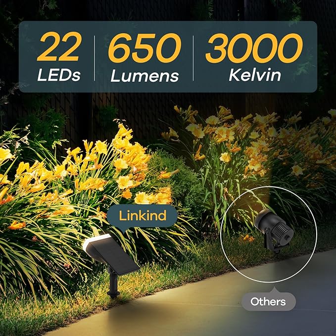 Linkind Solar Lights Outdoor Waterproof IP67, StarRay Dusk-to-Dawn Outdoor Solar Lights, 3 Lighting Modes Solar Spot Lights Outdoor for Garden, Yard, Landscape (Warm White, 4 Pack)