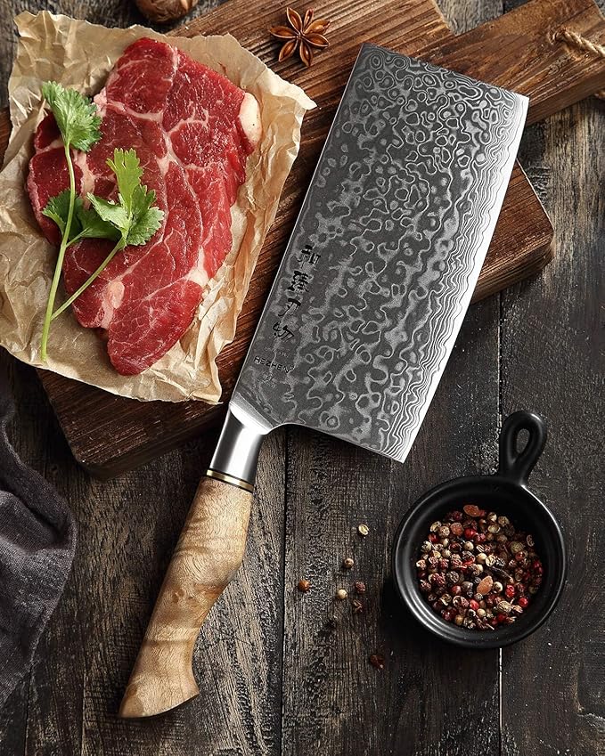 HEZHEN Meat Cleaver & Butcher Knife - 6.8 Inch 67-Layer Damascus Steel Forged Sharp Kitchen & Vegetable Cleaver with Non-Slip Wooden Handle