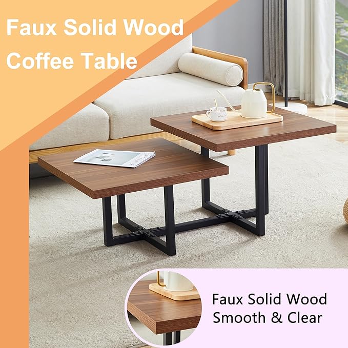 Modern Coffee Table,47" Double Layer Coffee Table,Walnut Color Square Center Tables for Living Room, Easy to Assemble and Clean