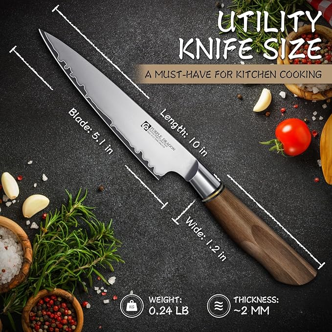 Purple Dragon Kitchen Utility Knife 5.1 Inch, Vg10 Steel Ultra Sharp Blade, Small Kitchen Fruit Paring Knife with Ergonomic Wooden Handle, Gift Box