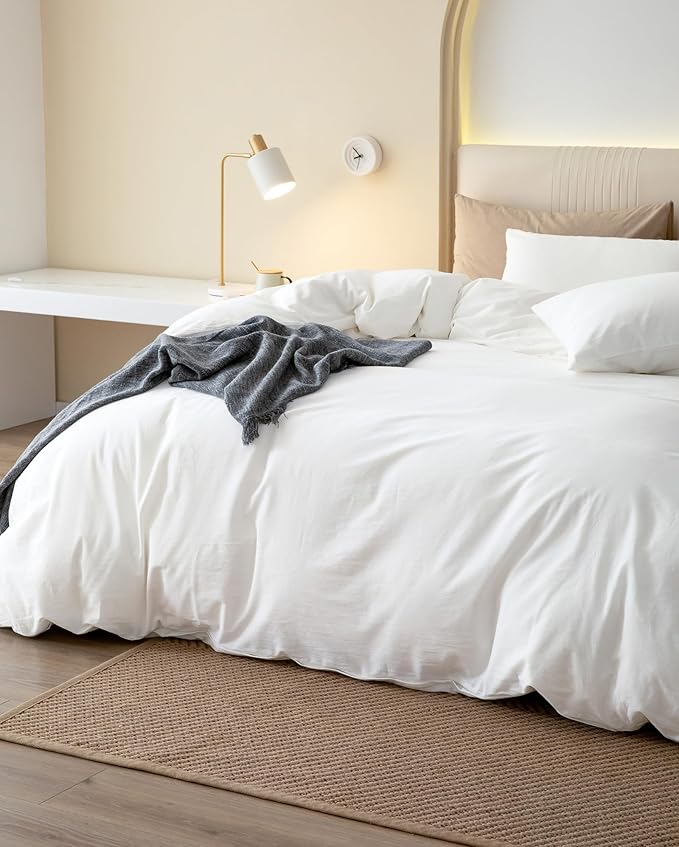 JIYUAN 100% Washed Cotton Duvet Cover Set 3 Pieces Super King, 1 Duvet Cover 108x98 Inches(Comforter Not Included) and 2 Pillowcases,Linen Feel Bedding Set Comfy and Breathable,Bright White