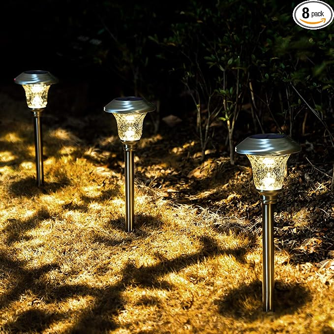 GIGALUMI 8 Pack Solar Pathway Lights, Solar Garden Lights Outdoor Warm White, Waterproof Led Path Lights for Yard, Patio, Landscape, Walkway (Stainless Steel)