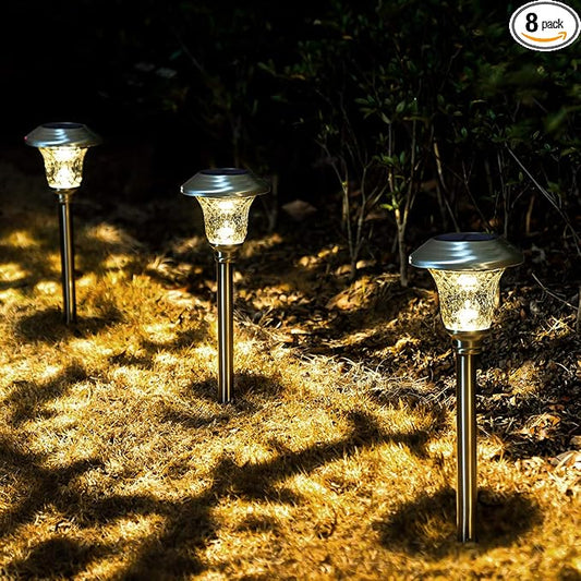 GIGALUMI 8 Pack Solar Pathway Lights, Solar Garden Lights Outdoor Warm White, Waterproof Led Path Lights for Yard, Patio, Landscape, Walkway (Stainless Steel)