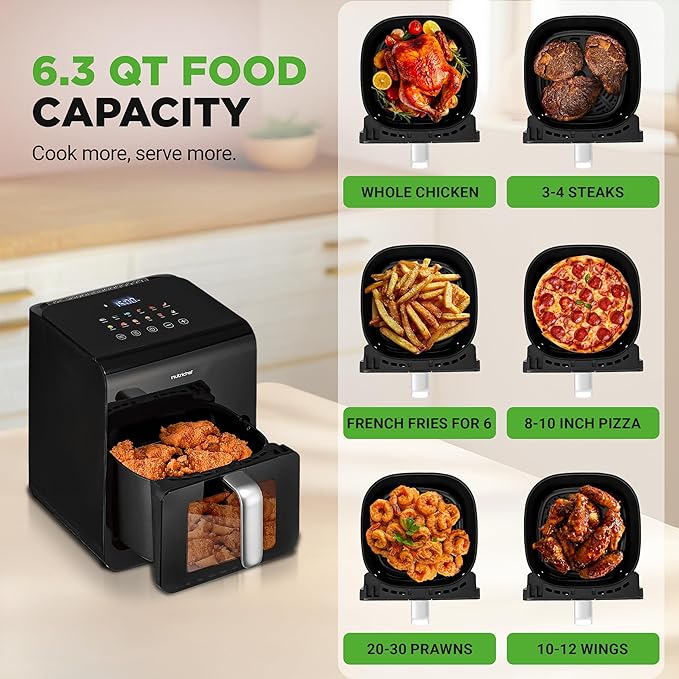 Nutrichef Electric Air Fryer Tenderizer 6.3 Quart | 12-1 Preset Cooking Functions | Includes Tenderizing Function | Digital Display | Transparent Window For Best Cooking Results | Black