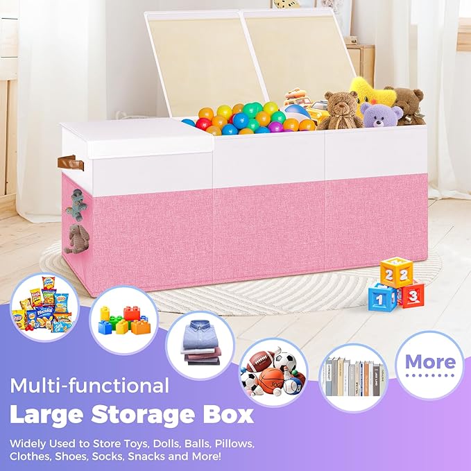 Extra Large Toy Storage Box with Lid, Collapsible Sturdy Toys Chest Storage Organizer Bin Basket with Divider for Kids, Boys, Girls, Closet, Playroom, Bedroom, Nursery, 40"X14"X16", Pink & White
