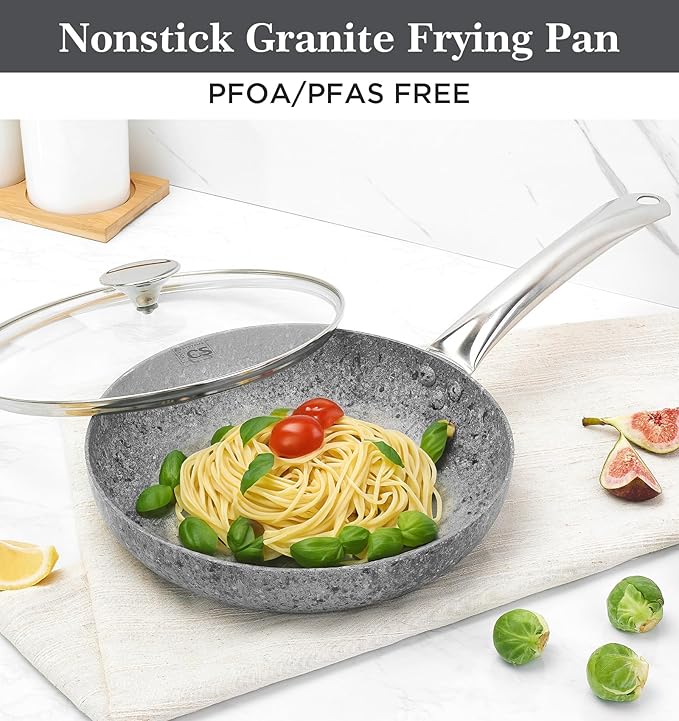 KOCH SYSTEME CS Frying Pan with Lid, 8 Inch Frying Pan with Nonstick Granite Coatings, APEO & PFOA-Free Small Frying Pan with Lid, 8" Granite Skillet with Lid, Nonstick Frying Pan, Oven Safe