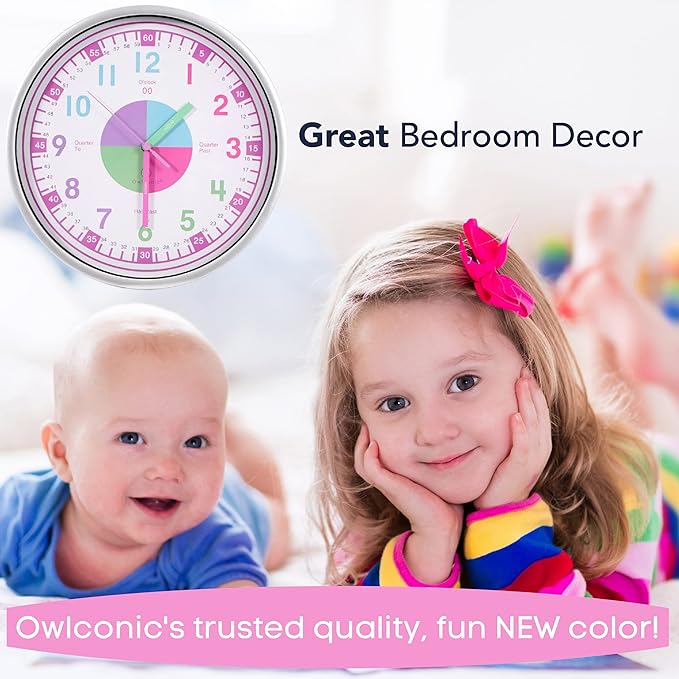 OWLCONIC Telling Time Teaching Clock for Kids - Analog for Bedrooms, Playroom, Homeschool Decor, School Classroom Learning, Educational for Learning to Tell Time