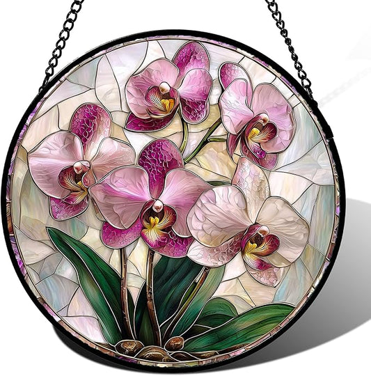 Stained Glass Window Hanging - Pink Purple Phalaenopsis Flowers Sun Catcher for Door Home Decor Plant Suncatcher Christmas Mother's Day Birthday Gifts for Women Men Mom Nana 9.8 in