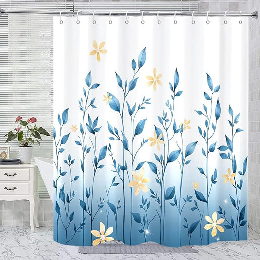 Eucalyptus Shower Curtain, Ombre Floral Leaves Plant Washable Fabric Bath Decor with 12 Hooks 72x72 inches, Moonlight Blue