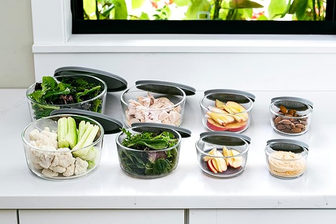 16-Piece Glass Food Storage Containers Set (8 Containers + 8 Lids) | Round, Nesting, Microwave & Dishwasher Safe | BPA-Free, Space-Saving | Grey Lids for Pantry & Kitchen Organization