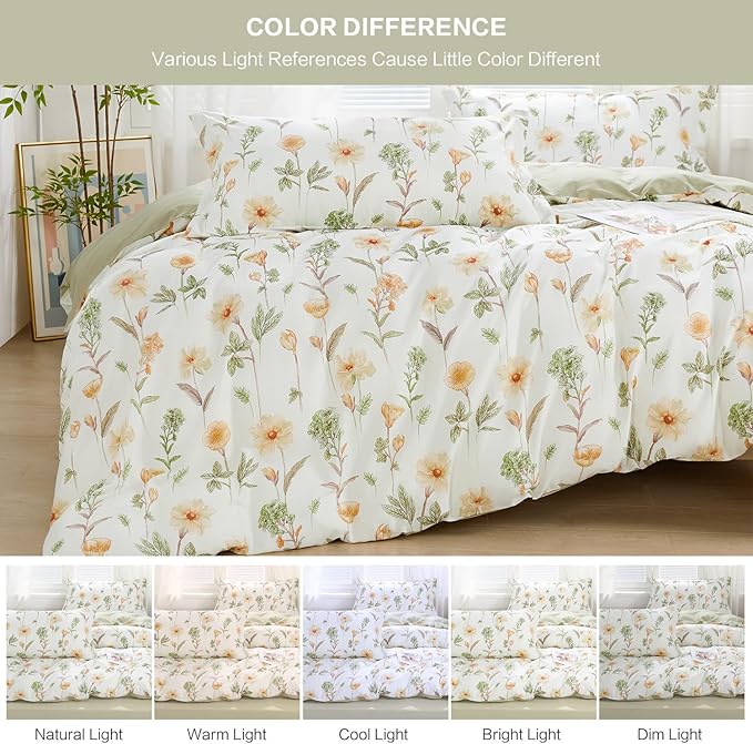 SAPHREAS Floral Duvet Cover Set Queen Size 3pcs Yellow Flower Green Leaf Botanical White Bedding Comforter Cover Set 100% Cotton 1 Duvet Cover 90"x90" 2 Pillow Shams, Comforter Not Included