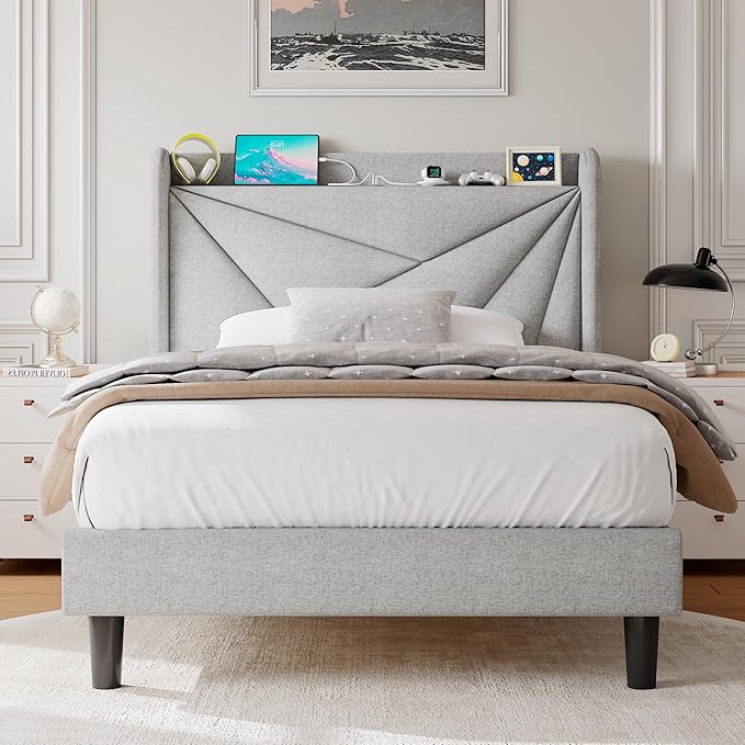 Twin Size Upholstered Bed Frame with Charging Station, Platform Bed Frame with Storage Headboard, Solid Wood Slats Support, No Box Spring Needed, Light Gray