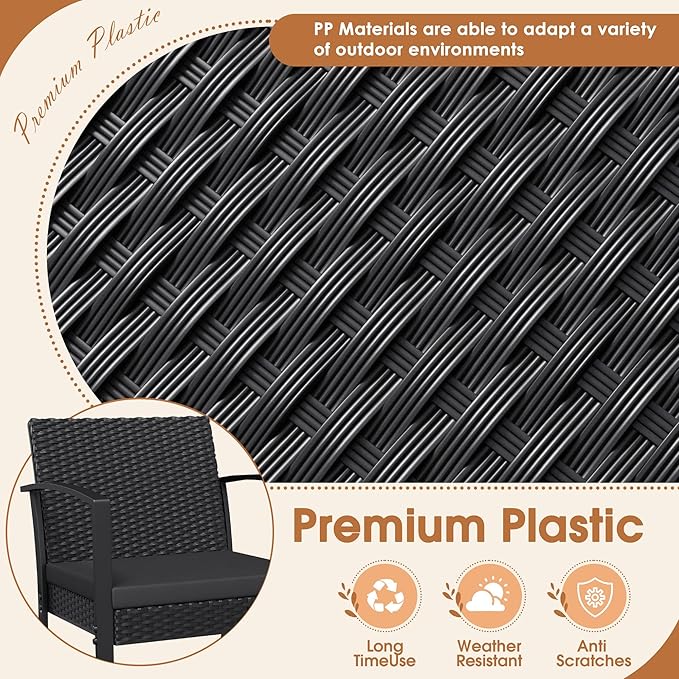 Homall Resin 3 Pieces Patio Furniture Set, Outdoor Bistro Set with Cushions and Glass Table, Conversation Set Rattan Chair for Porch, Balcony, Poolside, Garden (Black)