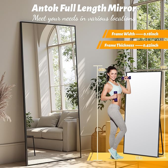 Antok Mirror Full Length, 61"x18" Big Floor Mirror, Oversized Full Body Mirrors with Stand for Bedroom, Living Room Cloakroom, Black, Rect Corner Style