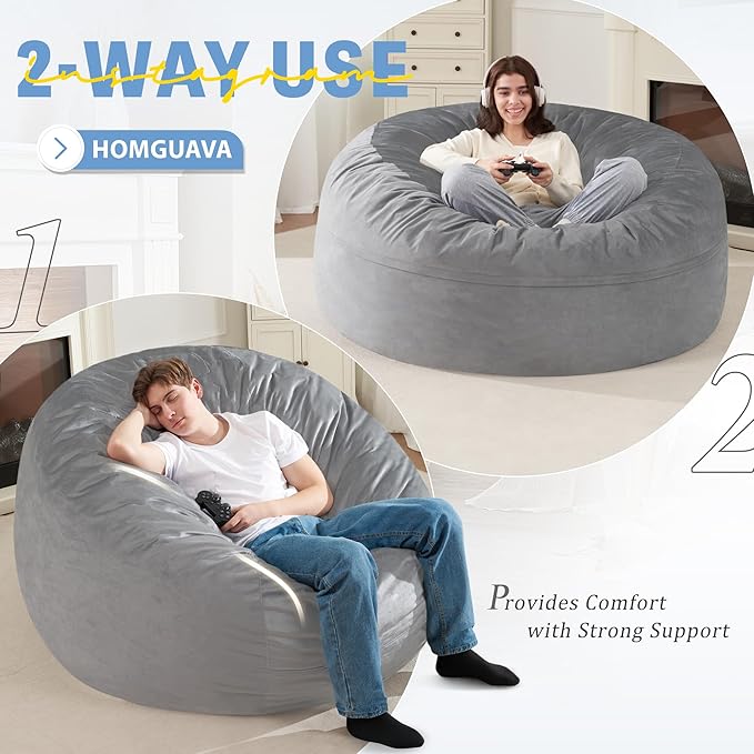 Homguava 5 FT Bean Bag Chair: 5' Bean Bags with Memory Foam Filled, Large Beanbag Chairs Soft Sofa with Dutch Velvet Cover-Light Grey