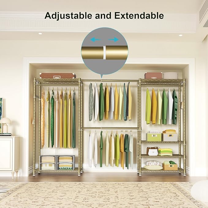 Ulif E1 Heavy Duty Closet Garment Rack, 6 Tiers Adjustable Metal Freestanding Expandable Clothing Storage with 4 Hanger Rods, Easy to Assemble Wardrobe, 71.4" H x (70" - 88.2") L x 14" D, Gold