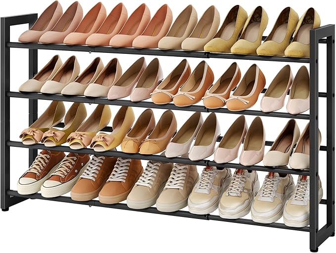 FAVOOSTY 4-Tier Expandable Shoe Rack, Adjustable Shoe Shelf Storage Organizer Space Saving Metal Free Standing Shoe Rack for Entryway Closet Doorway, Black