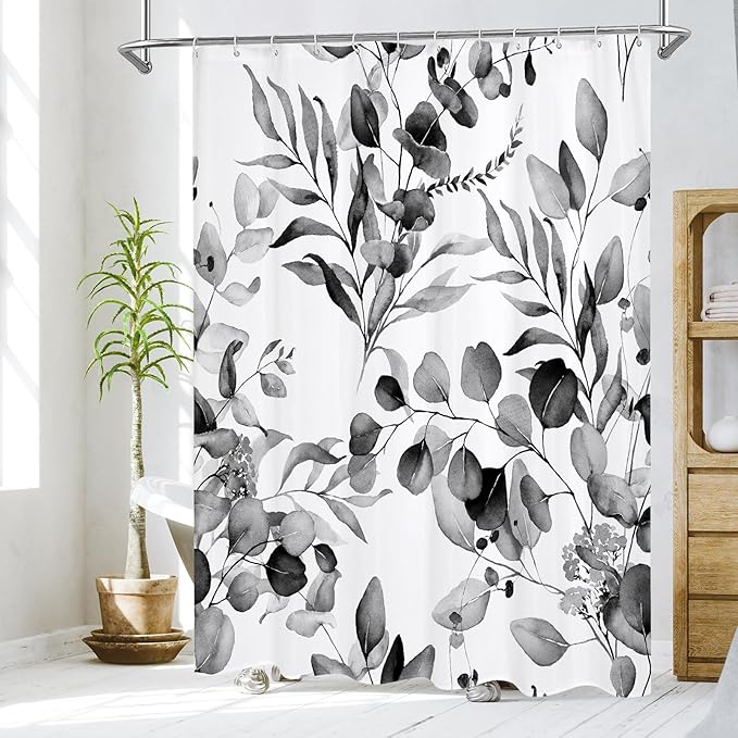 MitoVilla Black Spring Floral Shower Curtain, Modern Plants Botanical Fabric Cloth Shower Curtains for Chic Elegant Bathroom Decor, Summer Watercolor Eucalyptus Leaf, 72x72