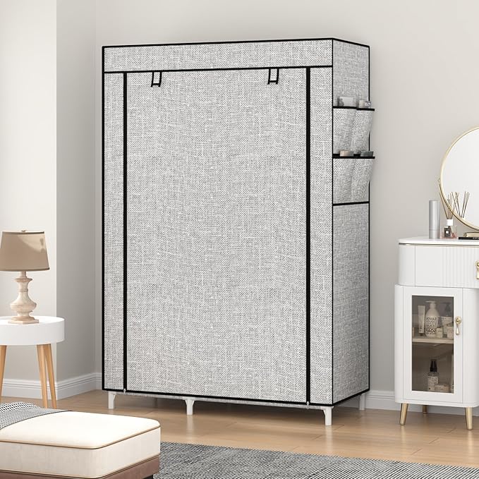 Calmootey Portable Closet Organizers, Clothing Storage, Wardrobe with 6 Shelves and Hanging Rod, Non-Woven Fabric Cover with 4 Side Pockets, Ash Grey