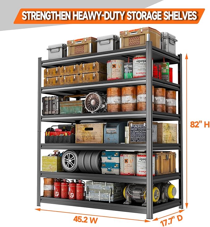 6-Tier Heavy Duty Garage Shelving Unit – 3000 lbs Adjustable Metal Storage Rack, Tool-Free Assembly, Rustproof Steel Organizer for Basement, Pantry, Warehouse, 82" H x45.2 W x 17.7" D