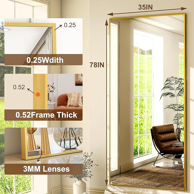 HARRITPURE 78" x 35" Full Length Mirror - Rectangle Full Body Mirror Aluminun Alloy Frame for Cloakroom Bedroom Standing Mirrors,Gold