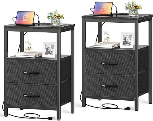 Huuger Nightstands Set of 2, End Tables with Charging Station, Side Tables with Fabric Drawers, Bedside Tables with USB Ports and Outlets, Night Stands for Bedroom, Black