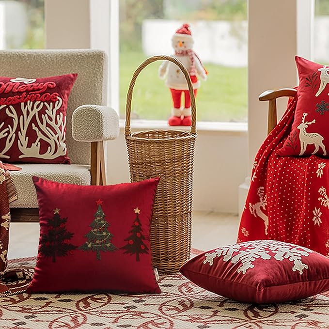 Christmas Pillow Covers 18x18 Inch - Red Embroidered Tree Throw Pillows for Holiday Decorations - Cushions for Couch, Sofa, Bed, Living Room, Bedroom