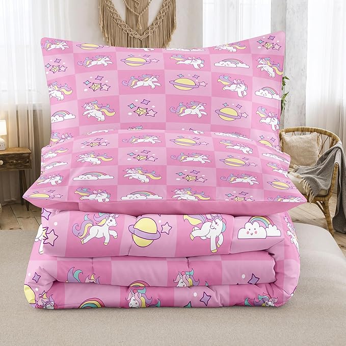 Tailor Shop Pink Full Bedding Sets for Girls Kids Chessboard Grid Unicorn Comforter Girls Comforter Set Unicorn Room Decor Ultra Soft Bed Set with 2 Pillowcase…