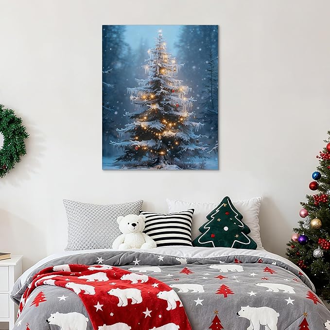 Framed Christmas Pictures Wall Decor,Vintage Pine Tree Prints,Winter Christmas Canvas Wall Art Decoration for Bedroom Bathroom Living Room Rustic Xmas Holiday Gifts (Christmas Tree 15, 11'' X 14'')