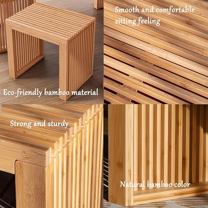 Bamboo Dining Bench Indoor Small Bench Entryway Shoe Rack Bench,Outdoor Modern Wood Benches 17 Inch for Living Room Hallway Bedroom Bathroom Nature Small