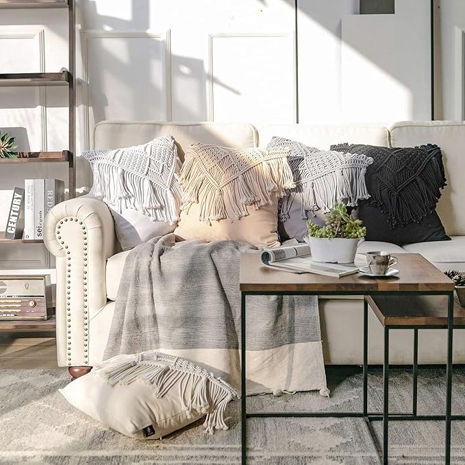 Phantoscope 100% Cotton Handmade Crochet Woven Boho Throw Pillow Farmhouse Pillow Insert Included Decorative Cushion for Couch Sofa White 18 x 18 inches