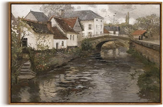 InSimSea Framed Canvas Wall Art Vintage Decor, Riverside Small Town Large Canvas Prints Home Decor, Rustic Farmhouse Hanging Wall Decor for Bedroom Living Room, 20"x30"