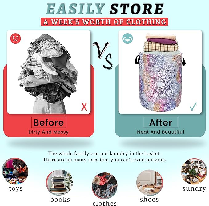 Colorful Mandala Flowers Laundry Basket Foldable With Handles Tote Bag Oxford Cloth Gradiently Laundry Hamper 18.9" x 16.5 "Clothe Storage Bucket Toy Organizer For Bathroom/Laundry/Bedroom