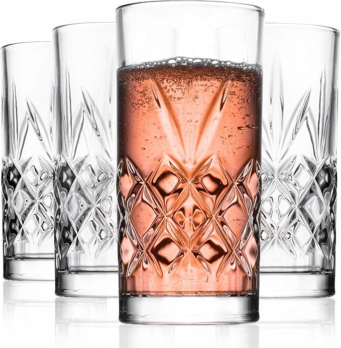 Royalty Art Kinsley Tall Highball Glasses Set of 4, 12 Ounce Cups, Textured Designer Glassware for Drinking Water, Beer, or Soda, Trendy and Elegant Dishware, Dishwasher Safe (Hiball Set Of 4)