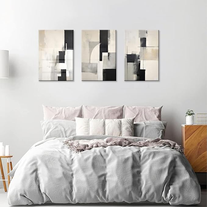 3Pcs Framed Neutral Abstract Canvas Wall Art Floral Pictures Modern Minimalist Posters Prints Beige Black Flower Wall Decoration for Living Room Bedroom Bathroom Office 16x24in