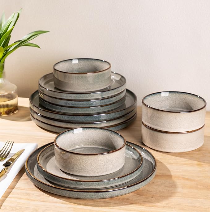 GBHOME Ceramic Dinnerware Sets for 4, 12 Pieces Stoneware Plates and Bowls Sets, Reactive Glaze Dishes -Scratch Resistant, Dishwasher&Microwave Safe