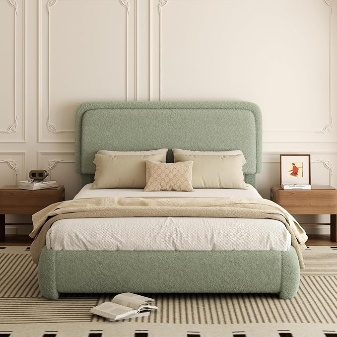 Full Bed Frame, Teddy Velvet Boucle Bed Frame with 43.3"/45.3" Adjustable Upholstered Headboard, Rounded Corners, Mattress Foundation, No Box Spring Required, Green