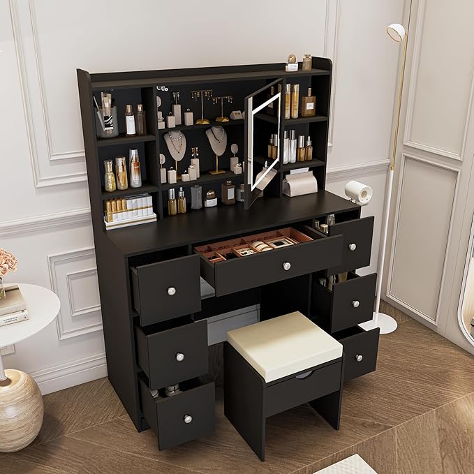 Vanity Desk with Mirror & LED Lights, Built-in Power Outlet, Dimmable LED Lighting, 7 Drawers & 7 Storage Compartments, Includes Padded Stool – Ideal Table for Bedroom Dressing Room (Black)