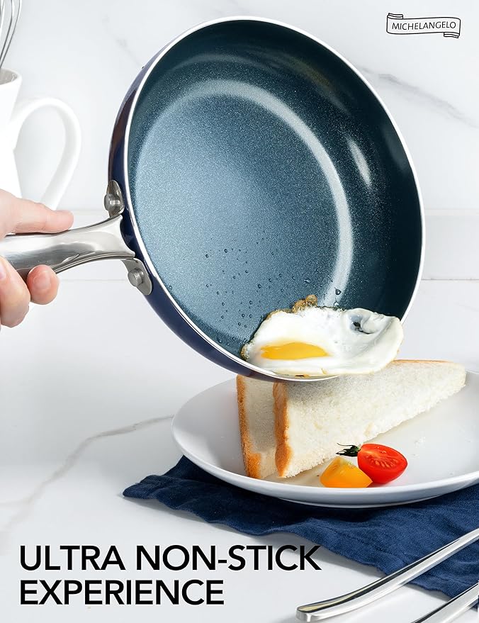 MICHELANGELO Small Frying Pan - 8 Inch Nonstick Frying Pan with Lid, Non-Toxic Omelette Pan with Stainless Handle, Nonstick Skillet, Blue-Ceramic