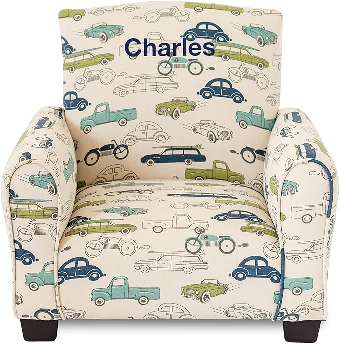 Toddler Personalized Armchair, Kids Upholstered Rocking Chair with Personalization, Toddler Chair with Personalized Name, Comfy Child Armchair, (Cars & Trucks Print, Legs)