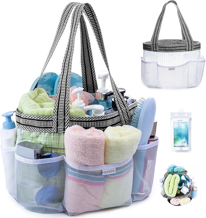 Mesh Shower Caddy Portable for College Dorm Room Essentials with Waterproof Phone Pouch, Shower Bag with Reinforced Bottom for Beach,Camping, Swimming,Gym, Quick Dry Toiletry Bag with 6 Pockets