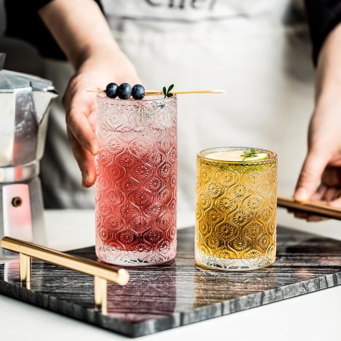 Glass Cups Vintage Glassware Set of 4, Drinking Glasses 12.5oz, Embossed Pattern Style Transparent Cocktail Glasses Set, for Ice Coffee,Juice,Beer,Bar Beverages,Drinkware, Transparent (L)