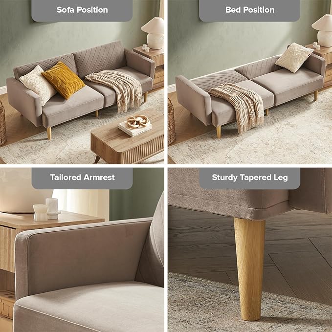 mopio 76.8" Futon Sofa Bed, Small Couch, Sleeper, Loveseat, Mid Century Modern Futon Couch, Sofa Cama, Couches for Living Room (Mocha Brown Premium Velvet)