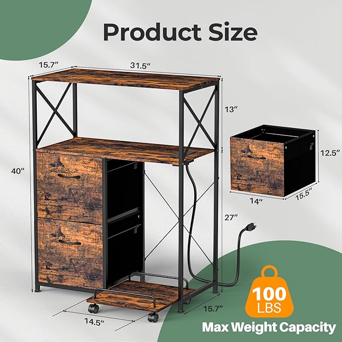 Printer Stand for Home Office, 31.5 x15.7 x 40 Inches Large Mobile Printer Table with Adjustable Storage Shelf, 2 Drawer File Cabinets Rolling Cart with Wheels for Host Computer - Rustic Brown